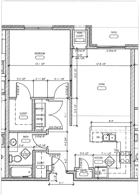 Floor plan for 1 bed, 1 bath, 792 sqft